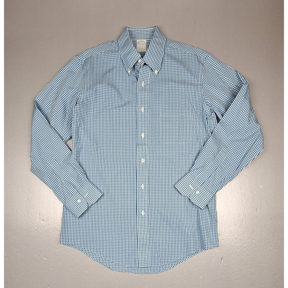 Brooks Brothers Button Up Shirt Mens 15.5-35. Milano Teal Check‎ Longsleeve.